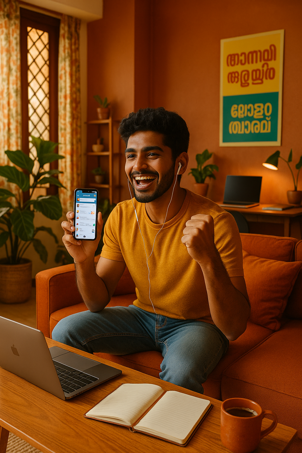 "Young Indian man smiling with excitement while using a smartphone, sitting on an orange sofa in a bright, creatively decorated room with cultural accents and natural light.